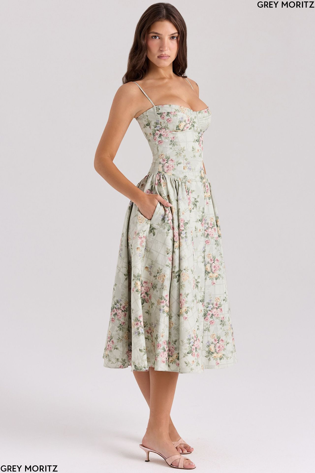 Women's Floral Corset Sweetheart Midi Dress Wedding Guest-thumbmail-2