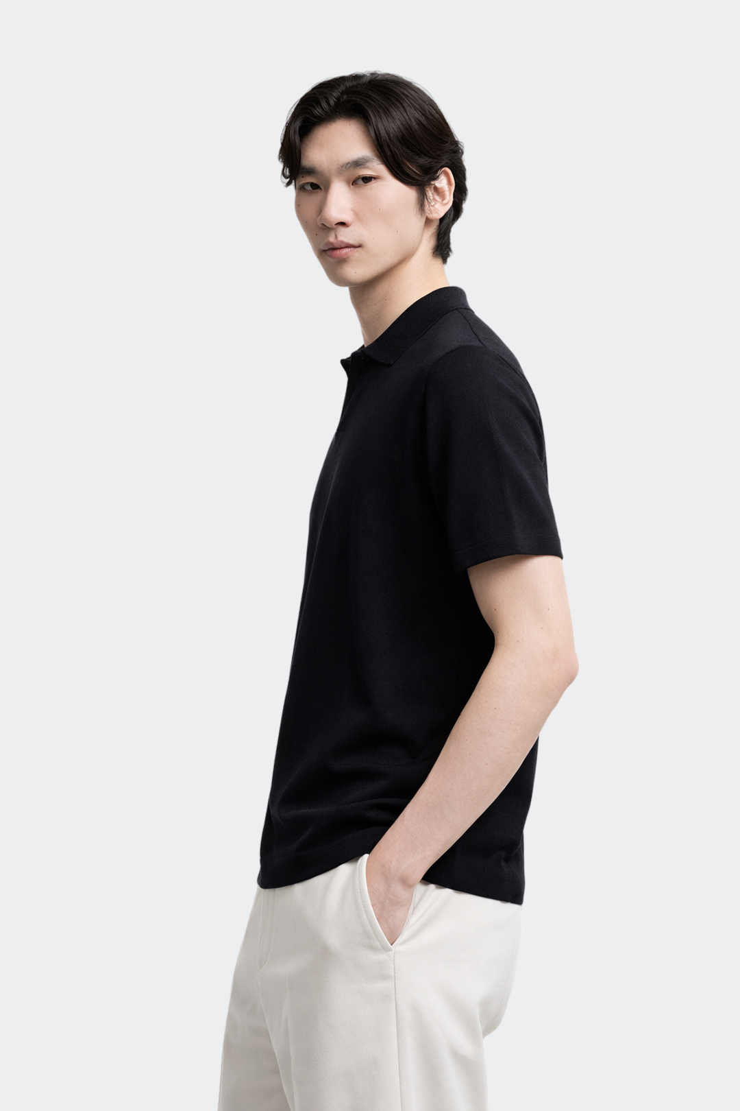 Open Collar Merino Wool Polo Shirt-2