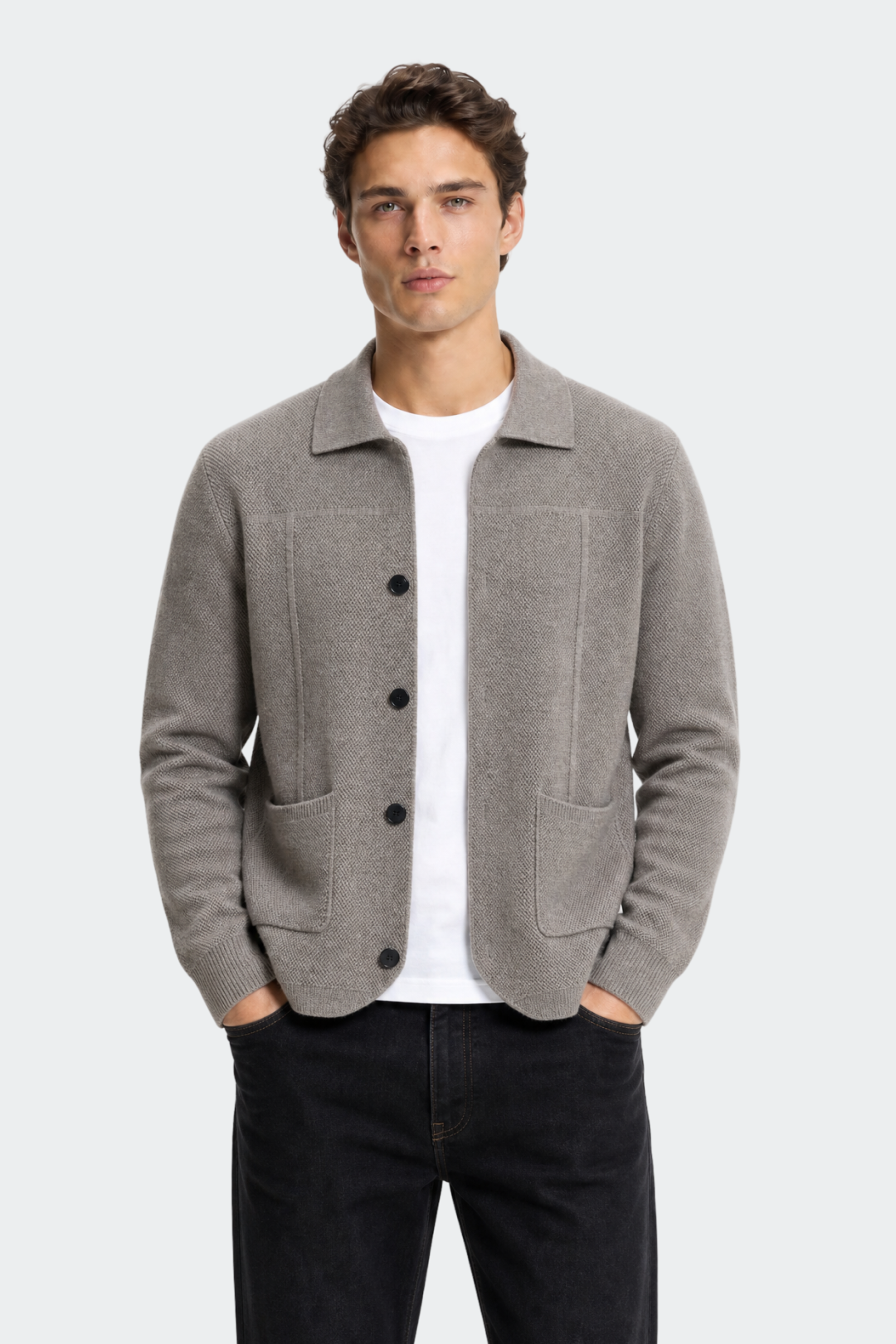 Spread Collar Wool Cardigan