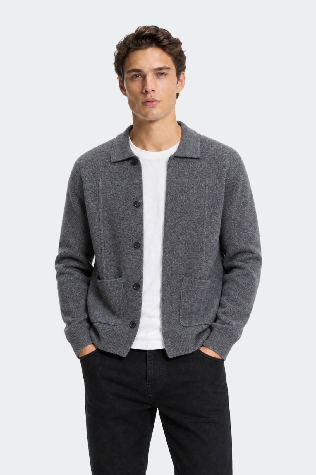 Spread Collar Wool Cardigan